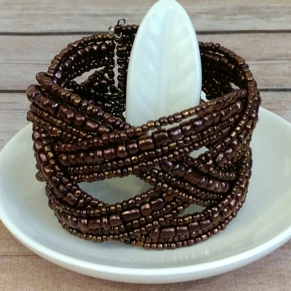 3/$15 - Flexible Brown Bead Braided Cuff Bracelet